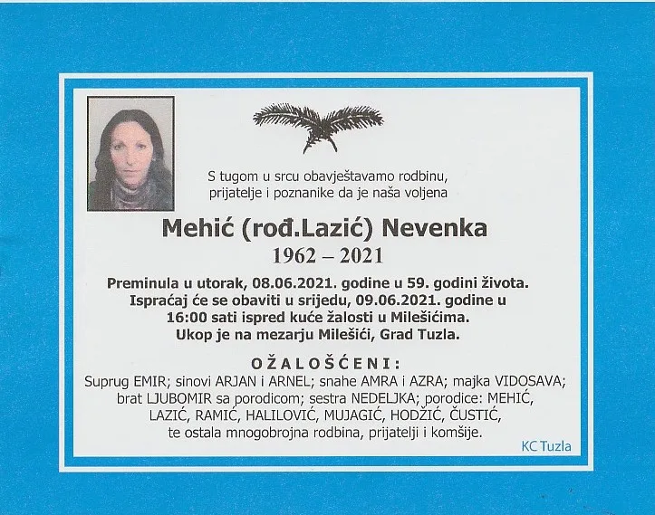 Preminula je Nevenka Mehić