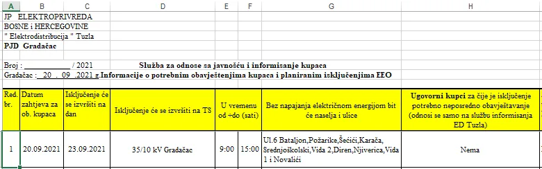 Gradačac: Najavljeni planski prekidi električne energije za 23.09.2021. godine