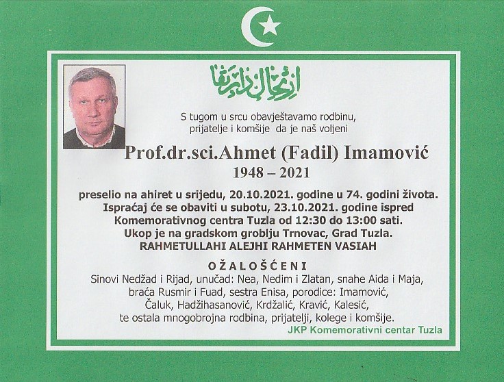 preminuo je prof.dr.sci. ahmet imamović