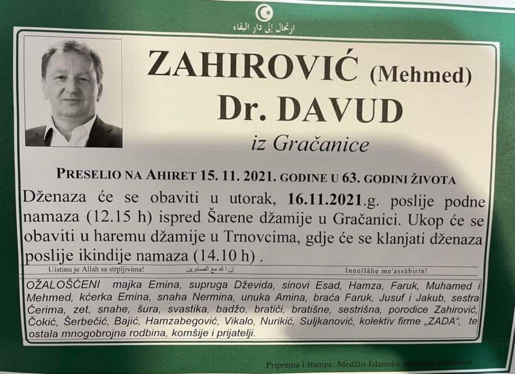 preminuo je dr. davud zahirović