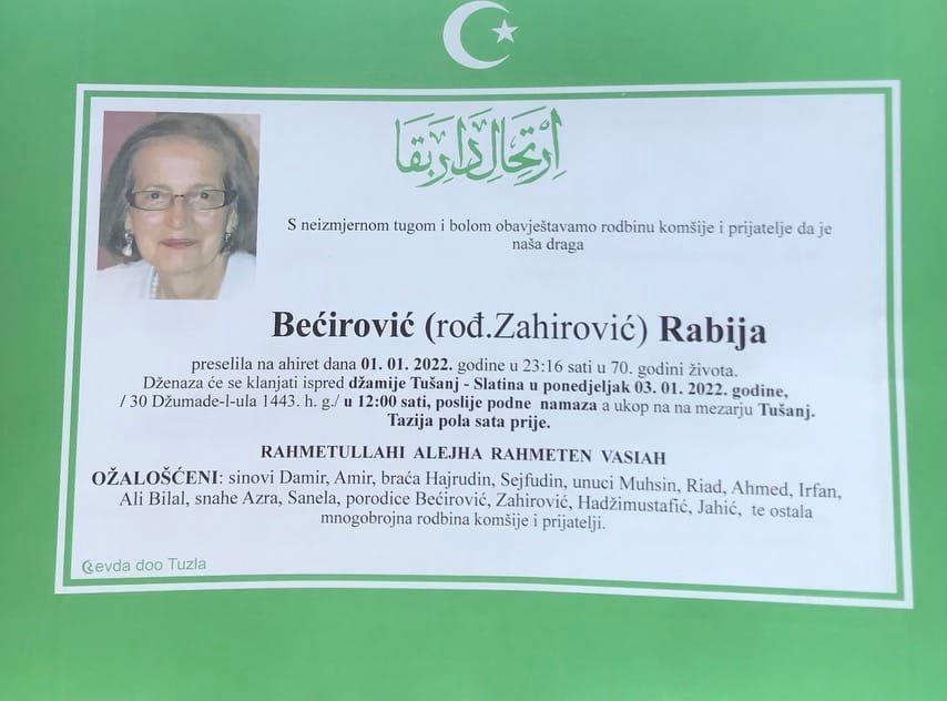 Preminula je Rabija Bećirović