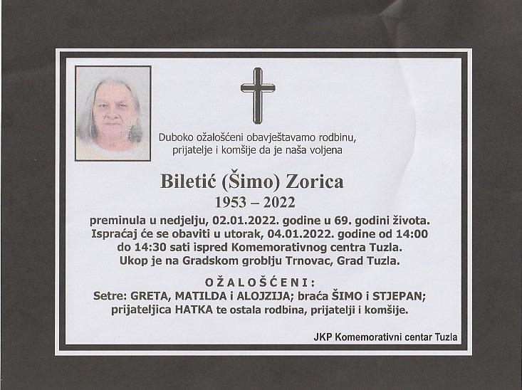 Preminula je Zorica Biletić