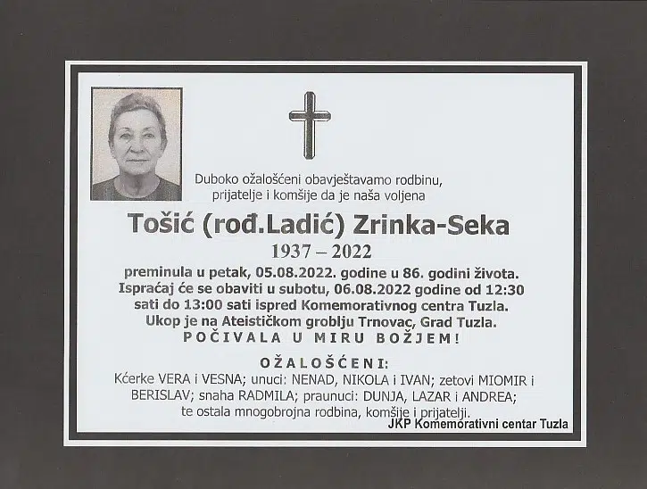 Preminula Tošić Zrinka-Seka