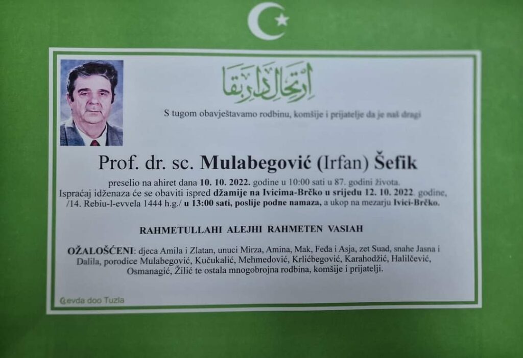preminuo je prof.dr. šefik mulabegović