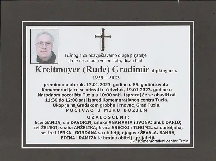 Komemoracija i ispraćaj Gradimira Kreitmayera u četvrtak 19.1.2023.godine | .