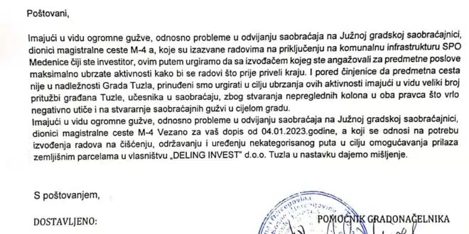 Saopštenje Službe za komunalne poslove, izgradnju i poslove MZ Grada Tuzle u vezi sa radovima na Južnoj saobraćajnici