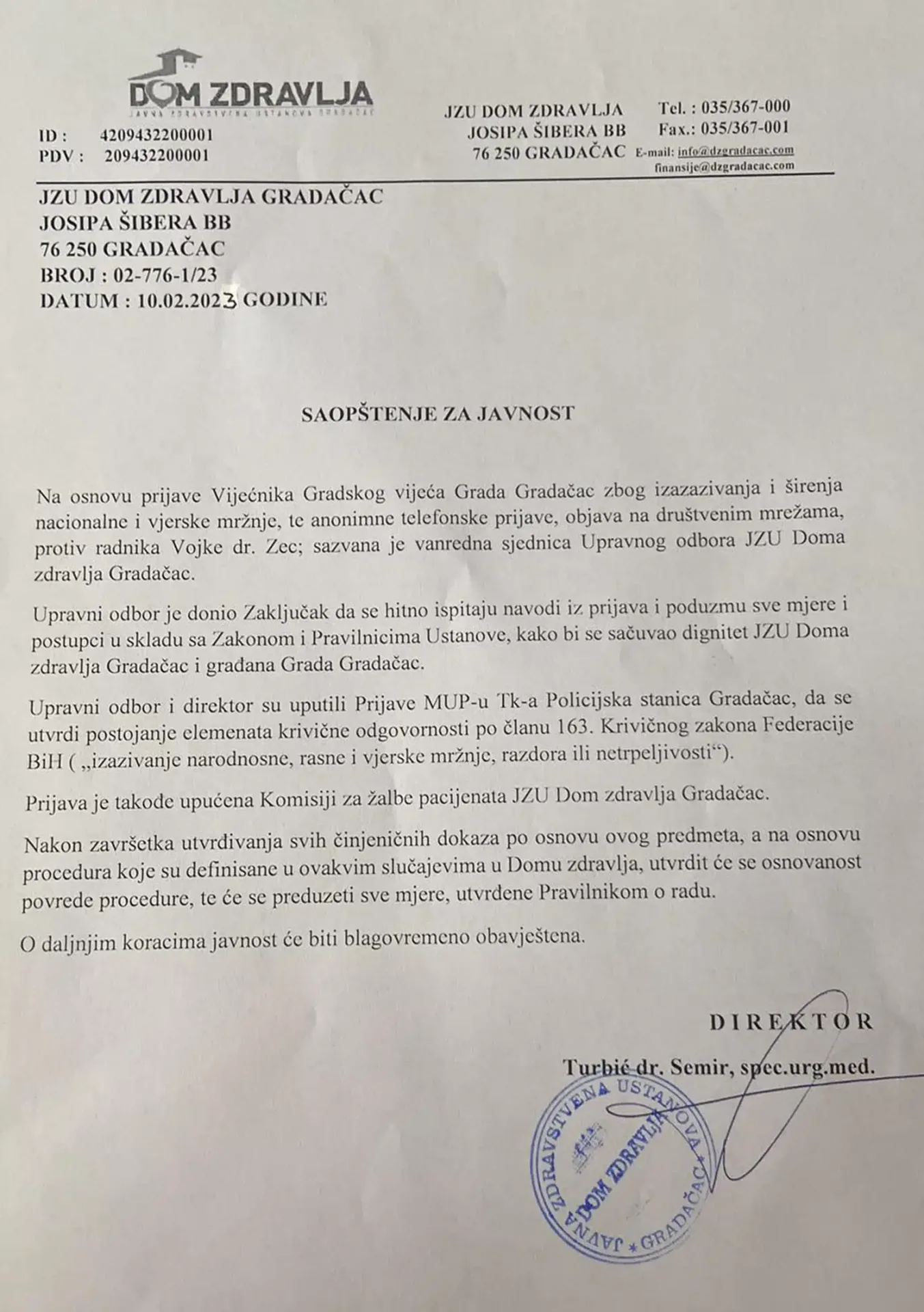 Saopštenje za javnost Doma zdravlja Gradačac vezano za prijave protiv radnika ove ustanove dr. Vojke Zec .