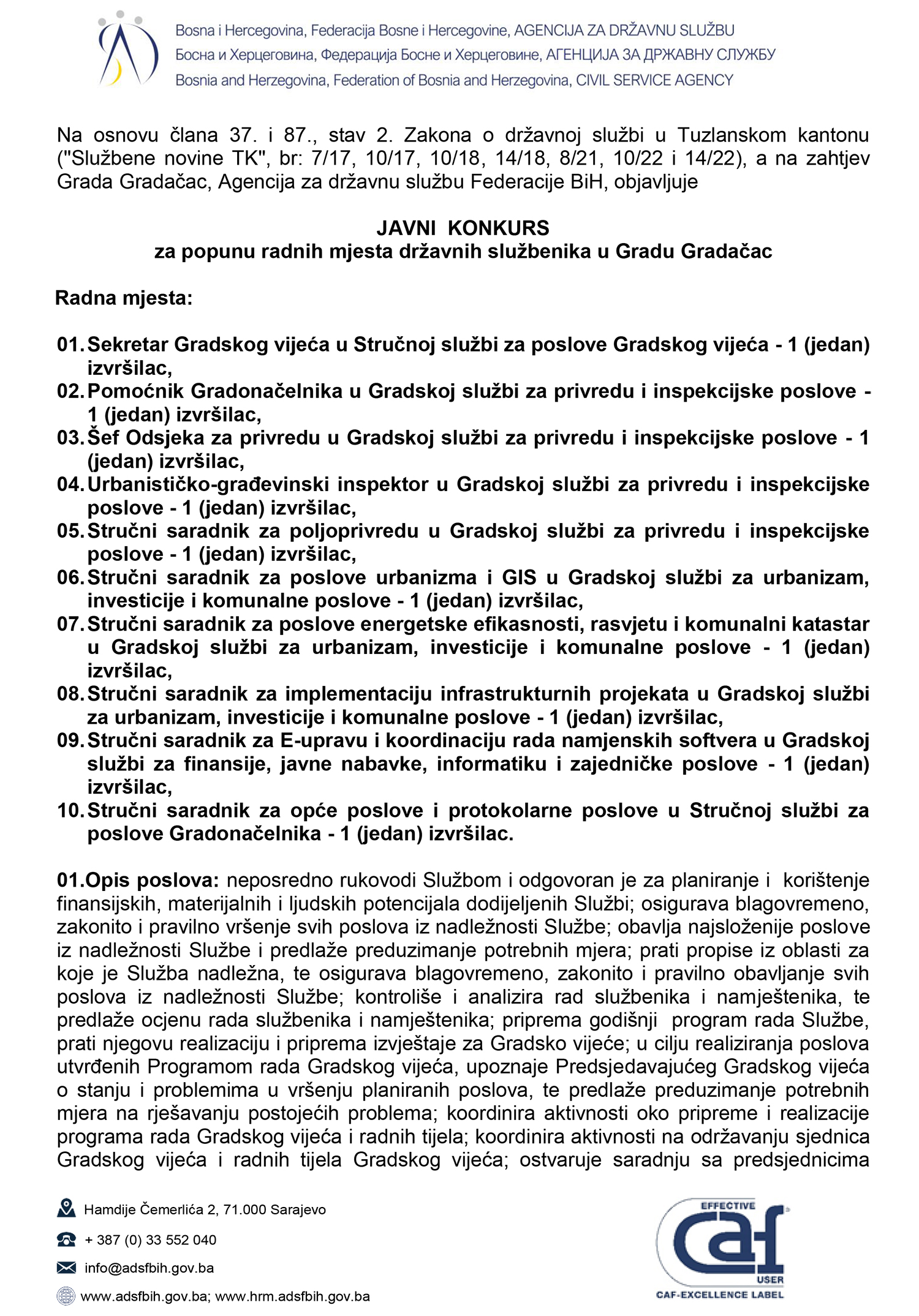 10 radnih mjesta: javni konkurs za popunu radnih mjesta državnih službenika u gradu gradačac