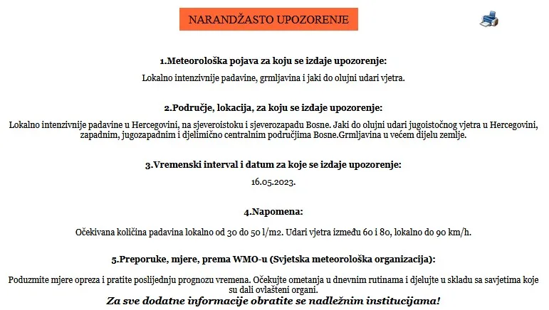 Narandžasto upozorenje: U utorak moguće intenzivne padavine i na području Tuzle |