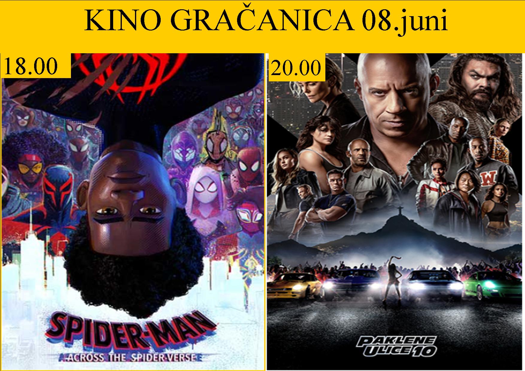 Slika može predstavljati 6 osoba, lešinar i tekst koji navodi '18.00 KINO GRAČANICA 08.juni 20.00 SPIDER-MAN ACROSS THE SPIDERVERSEE PAKLENE ULICE10'