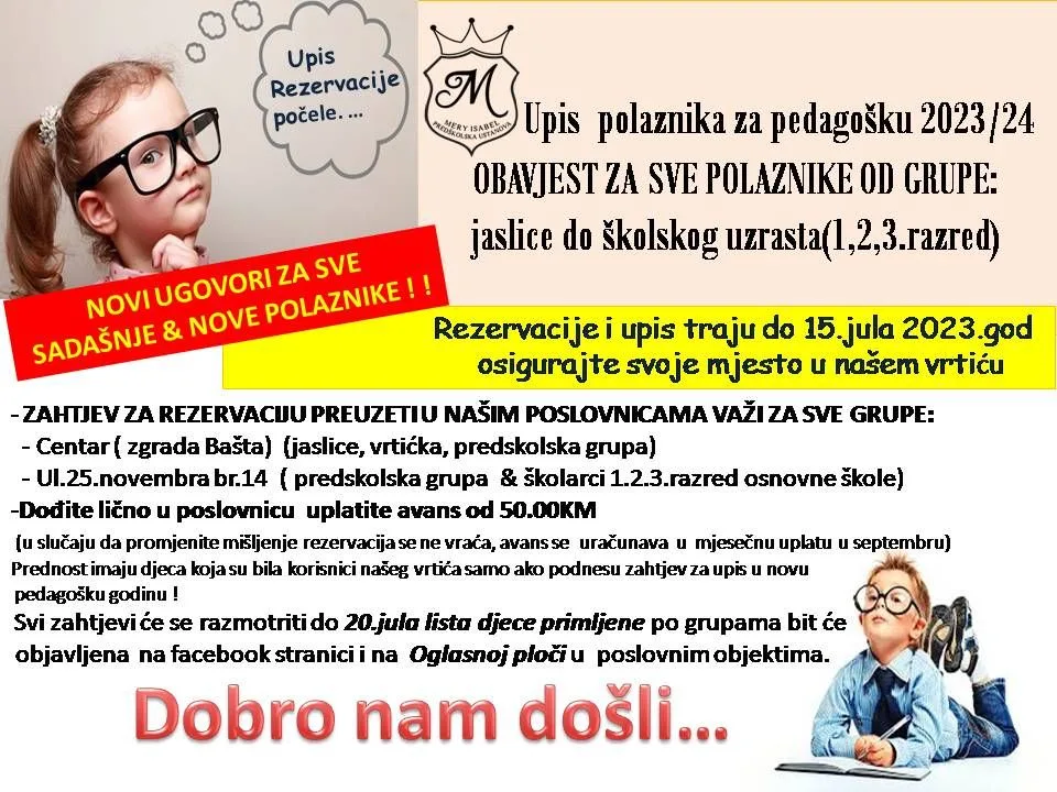 PU Mery Isabel:Obavijest za sve polaznike obdaništa