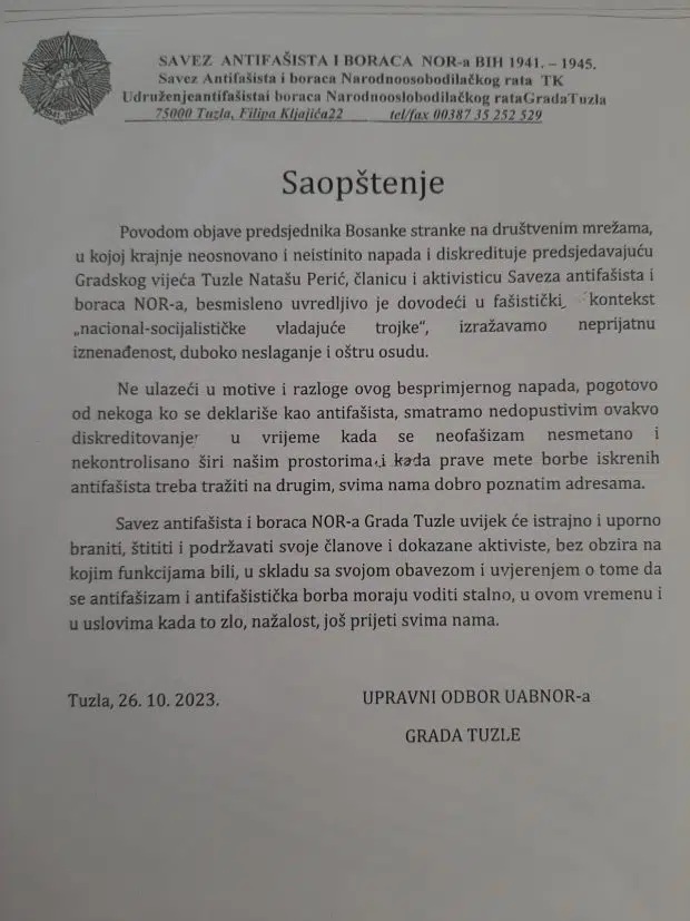 Savez antifašista i boraca NOR-a osudio pokušaje političke diskreditacije predsjedavajuće Gradskog vijeća Nataše Perić