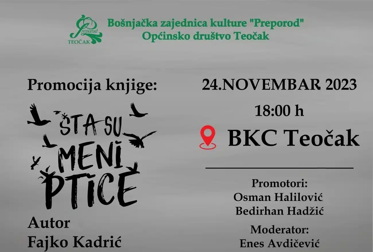 U petak u Teočaku promocija knjige “Šta su meni ptice”, autora Fajke Kadrića