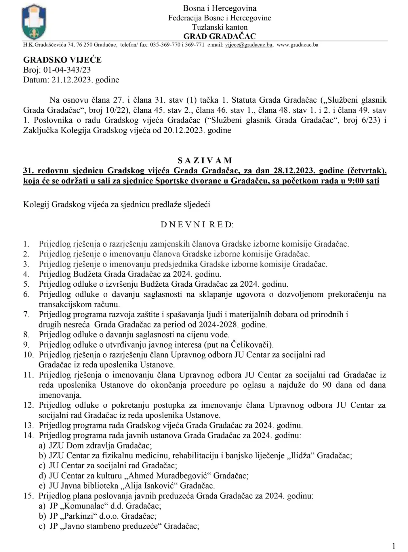 U četvrtak 31. sjednica Gradskog vijeća Grada Gradačac