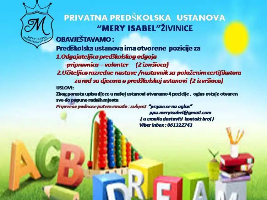 PPU Mery Isabel:Oglas za prijem odgajateljica