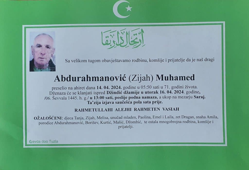 preminuo je abdurahmanović muhamed