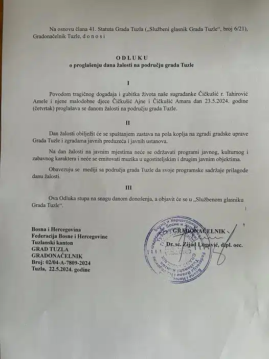 Gradonačelnik Tuzle proglasio 23. maj Danom žalosti u gradu Tuzli