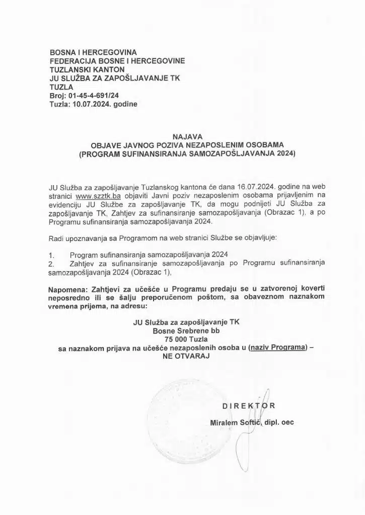 Obavještenje: Javni poziv za nezaposlene osobe za Program sufinansiranja samozapošljavanja 2024 od 16.7.2024. godine
