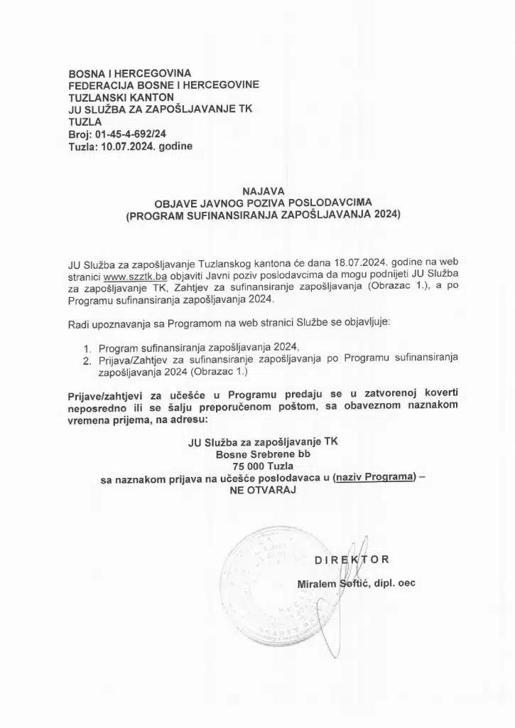Obavještenje: Javni poziv za poslodavce za Program sufinansiranja zapošljavanja 2024 od 18.7.2024. godine