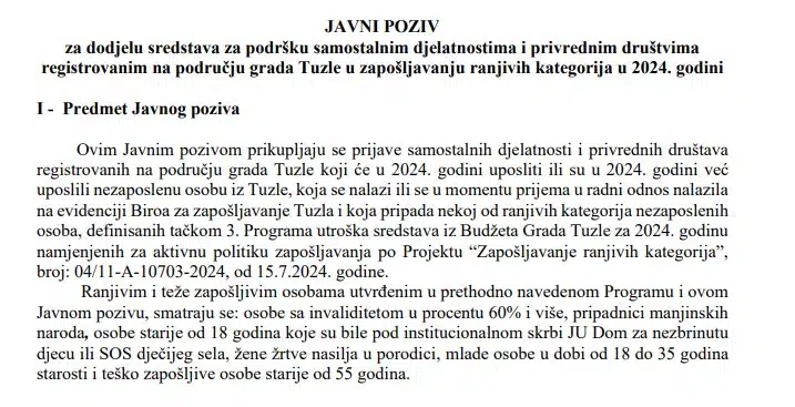 Obavještenje o Javnom pozivu za dodjelu sredstava na ime podrške privrednih subjekata u zapošljavanju ranjivih kategorija u 2024. godini