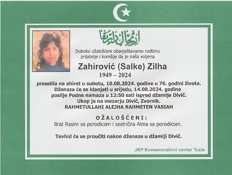 Preminula je Zahirović Zilha preminula je zahirović zilha