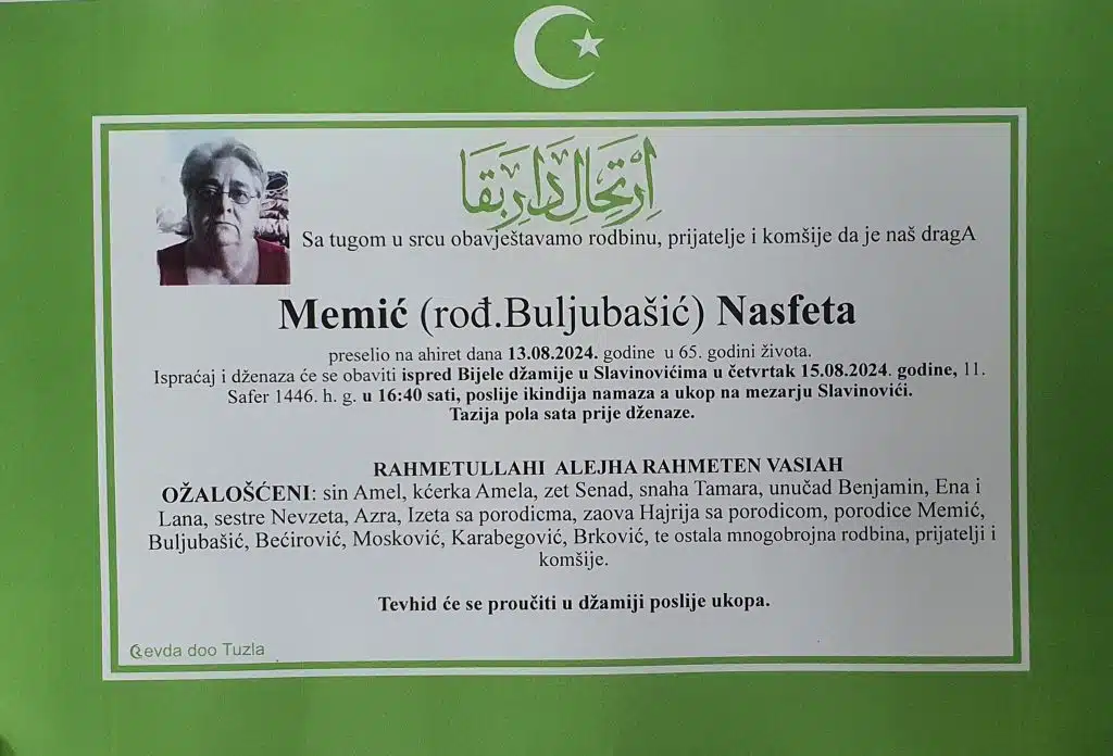 Preminula je Memić Nasfeta preminula je memić nasfeta