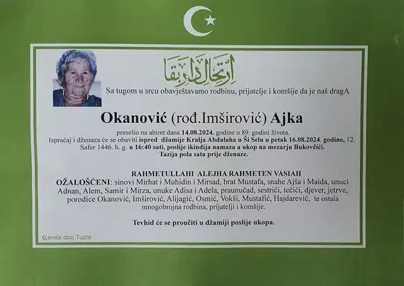 Preminula je Okanović Ajka preminula je okanović ajka