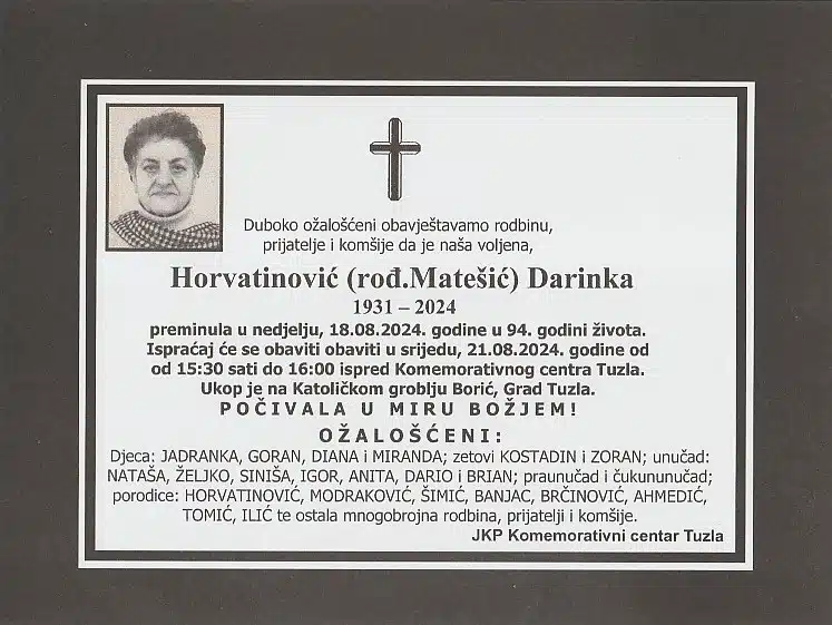 Preminula je Horvatinović Darinka