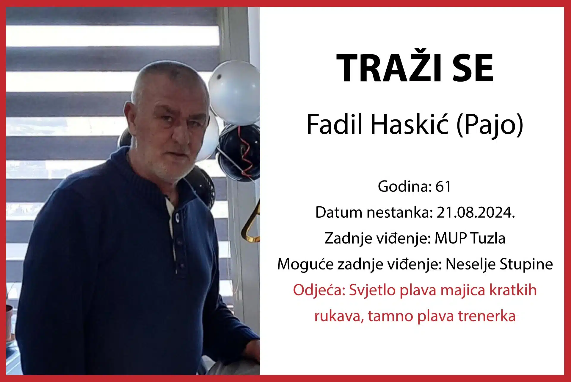 Nestao Fadil Haskić Pajo iz Tuzle, porodica moli za pomoć