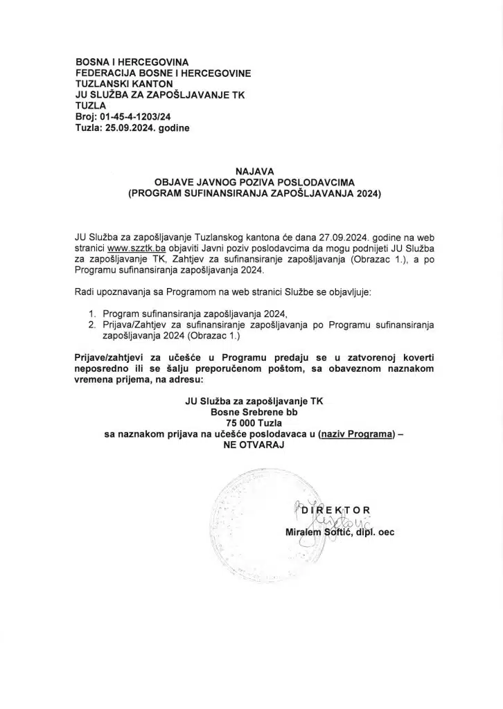 Obavještenje: Javni poziv za poslodavce za Program sufinansiranja zapošljavanja 2024 od 27.9.2024. godine