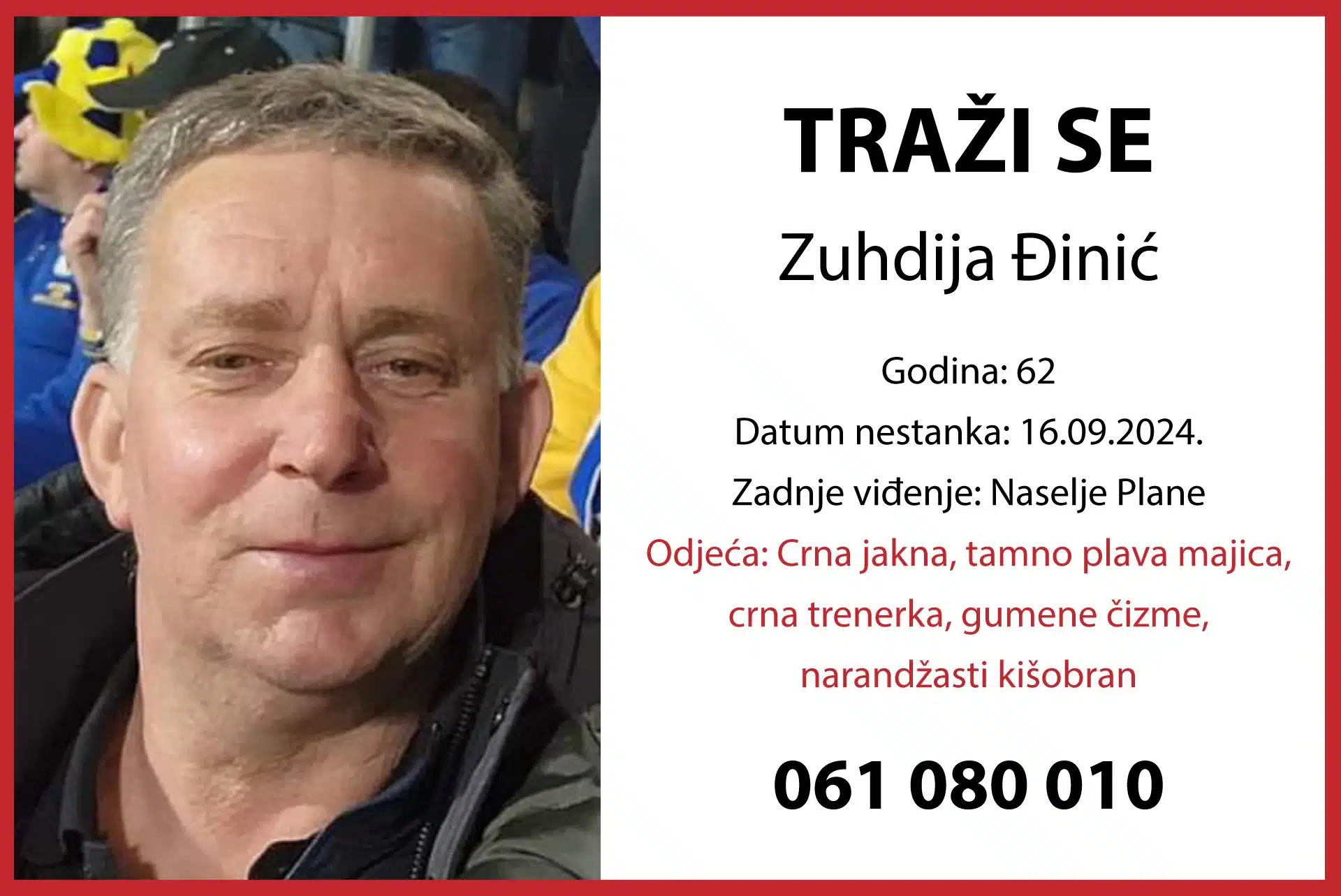 Potraga za Zuhdijom Đinićem iz tuzlanskog naselja Plane