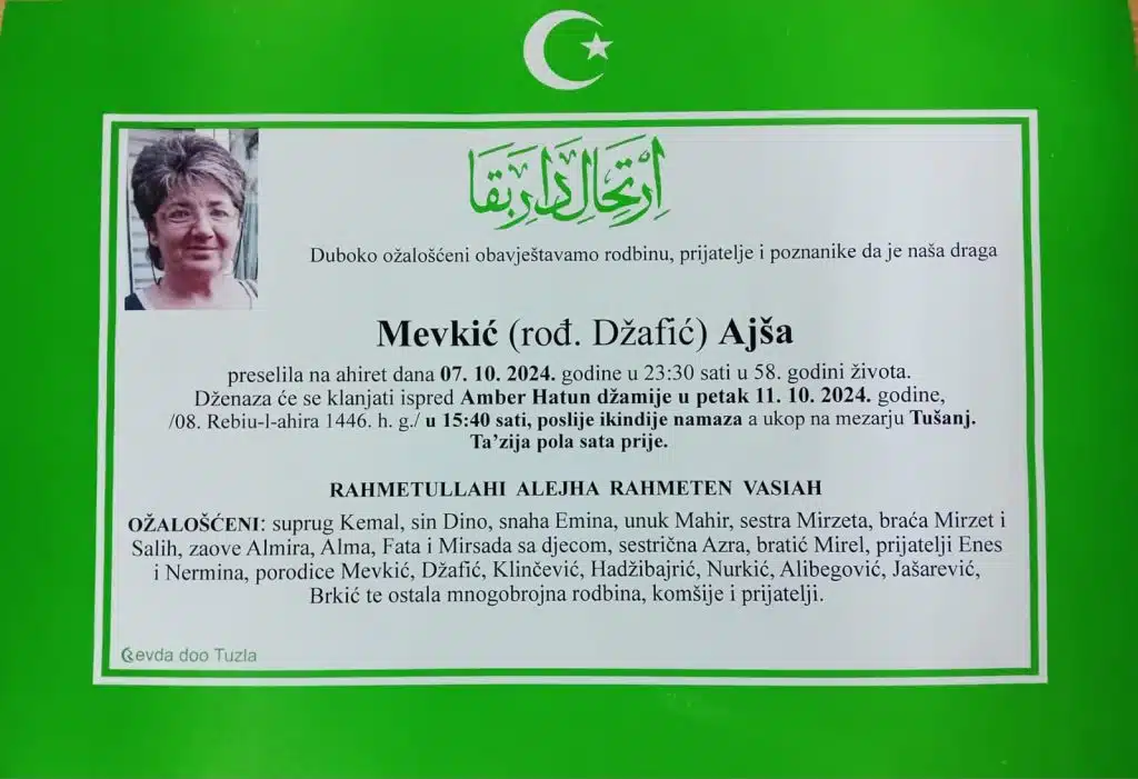 Preminula je Mevkić Ajša preminula je mevkić ajša