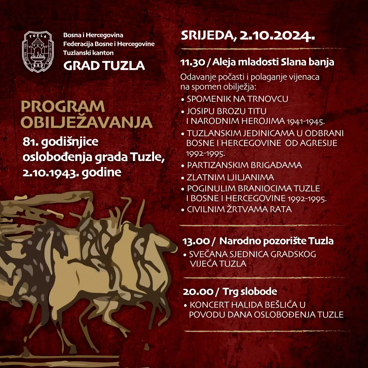 Grad Tuzla svečanim programom i koncertom Halida Bešlića, 2. oktobra obilježava 81. godišnjicu oslobođenja Tuzle