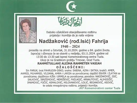 Preminula je Nadžaković Fahrija preminula je nadžaković fahrija