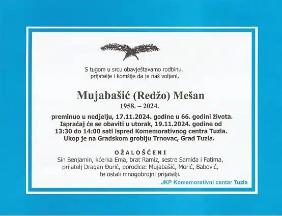 Preminuo je Mujabašić Mešan preminuo je mujabašić mešan