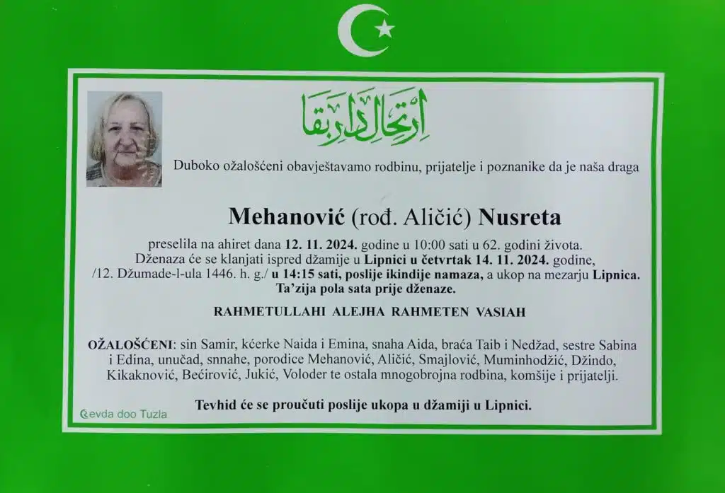 Preminula je Mehanović Nusreta preminula je mehanović nusreta