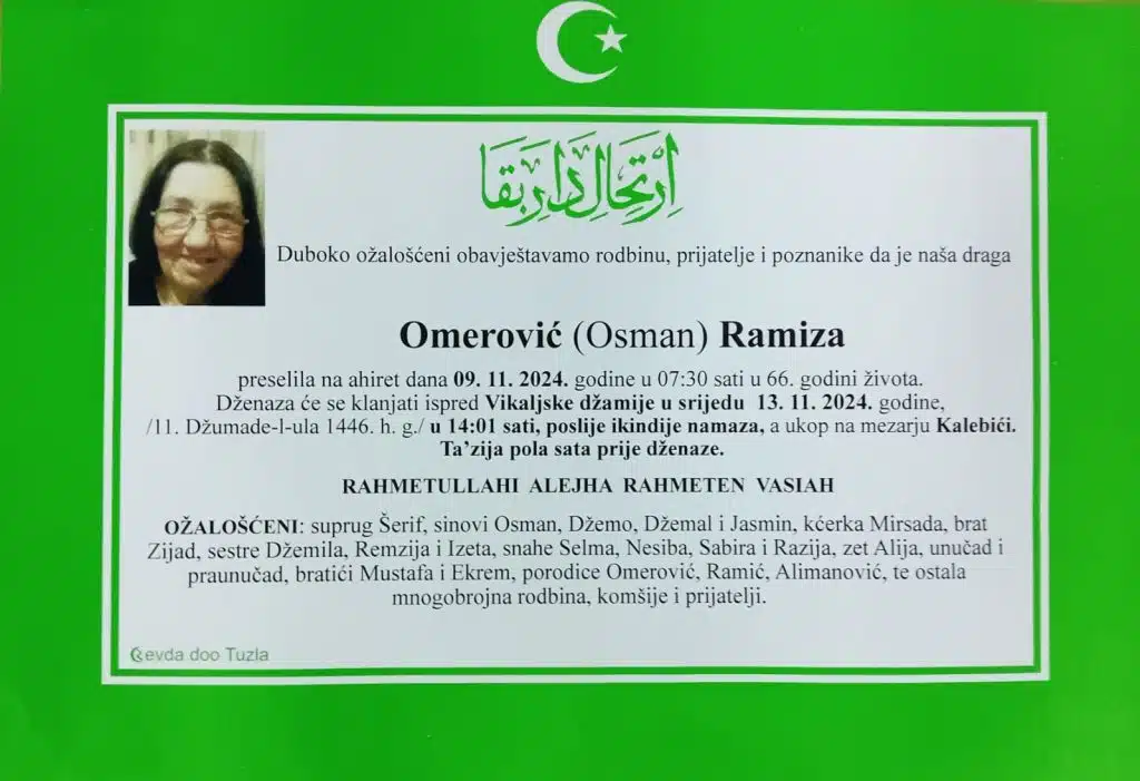 Preminula je Omerović Ramiza preminula je omerović ramiza