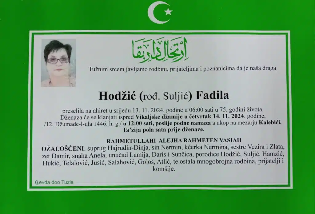 Preminula je Hodžić Fadila preminula je hodžić fadila