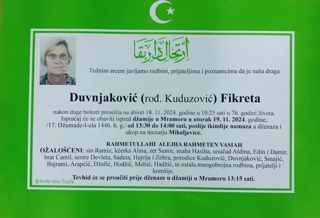 Preminula je Duvnjaković Fikreta preminula je duvnjaković fikreta