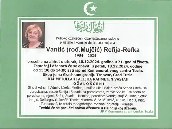 Preminula je Vantić Refija-Refka Preminula je Vantić Refija-Refka