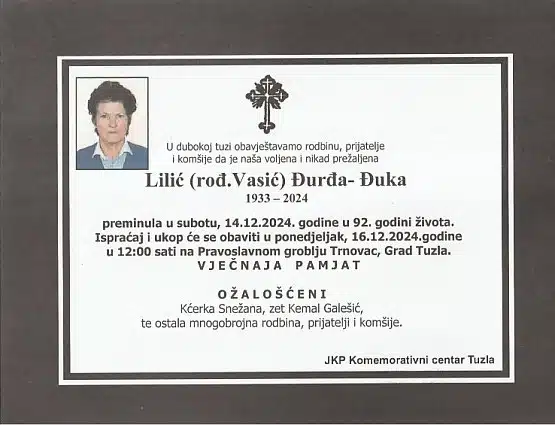Preminula je Lilić Đurda- Đuka Preminula je Lilić Đurda- Đuka