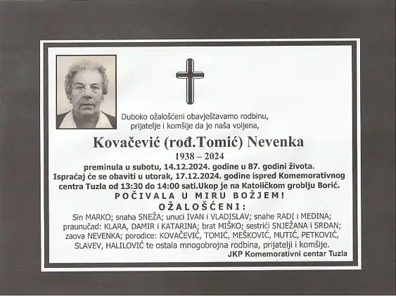 Preminula je Kovačević Nevenka Preminula je Kovačević Nevenka