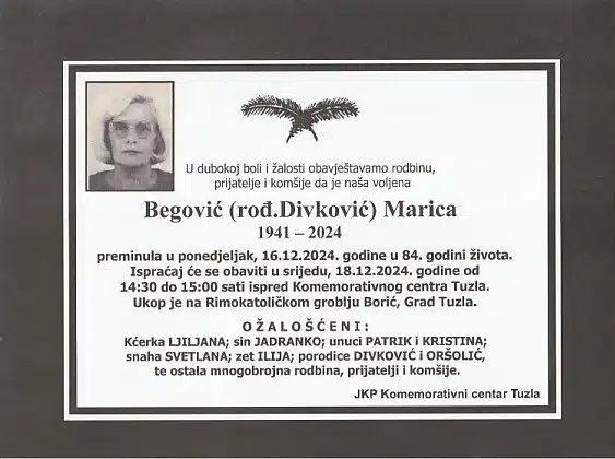 Preminula je Begović Marica Preminula je Begović Marica