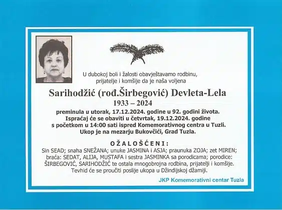 Preminula je Sarihodžić Devleta-Lela