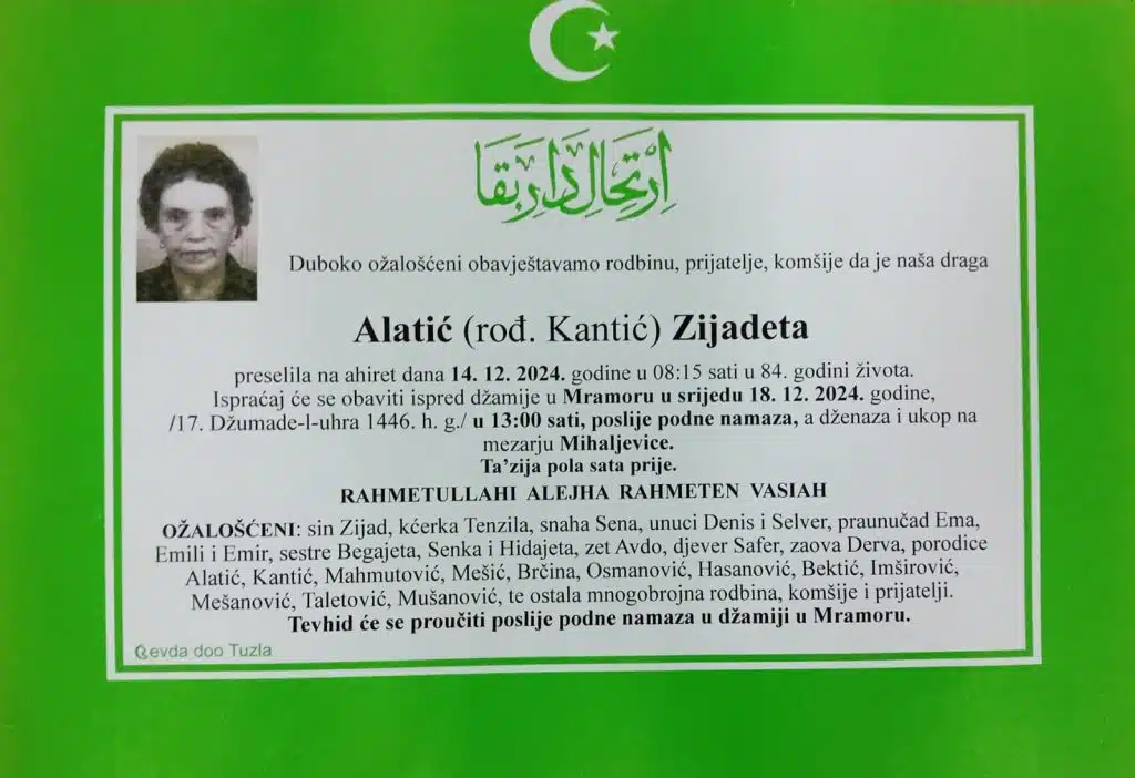 Preminula je Alatić Zijadeta