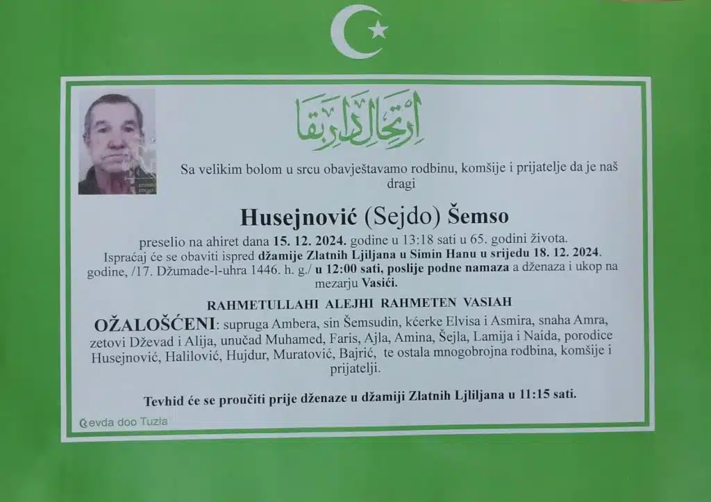 Preminuo je Husejnović Šemso Preminuo je Husejnović Šemso