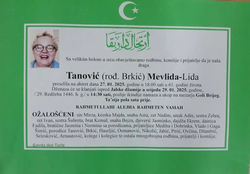 Preminula je Tanović Mevlida-Lida