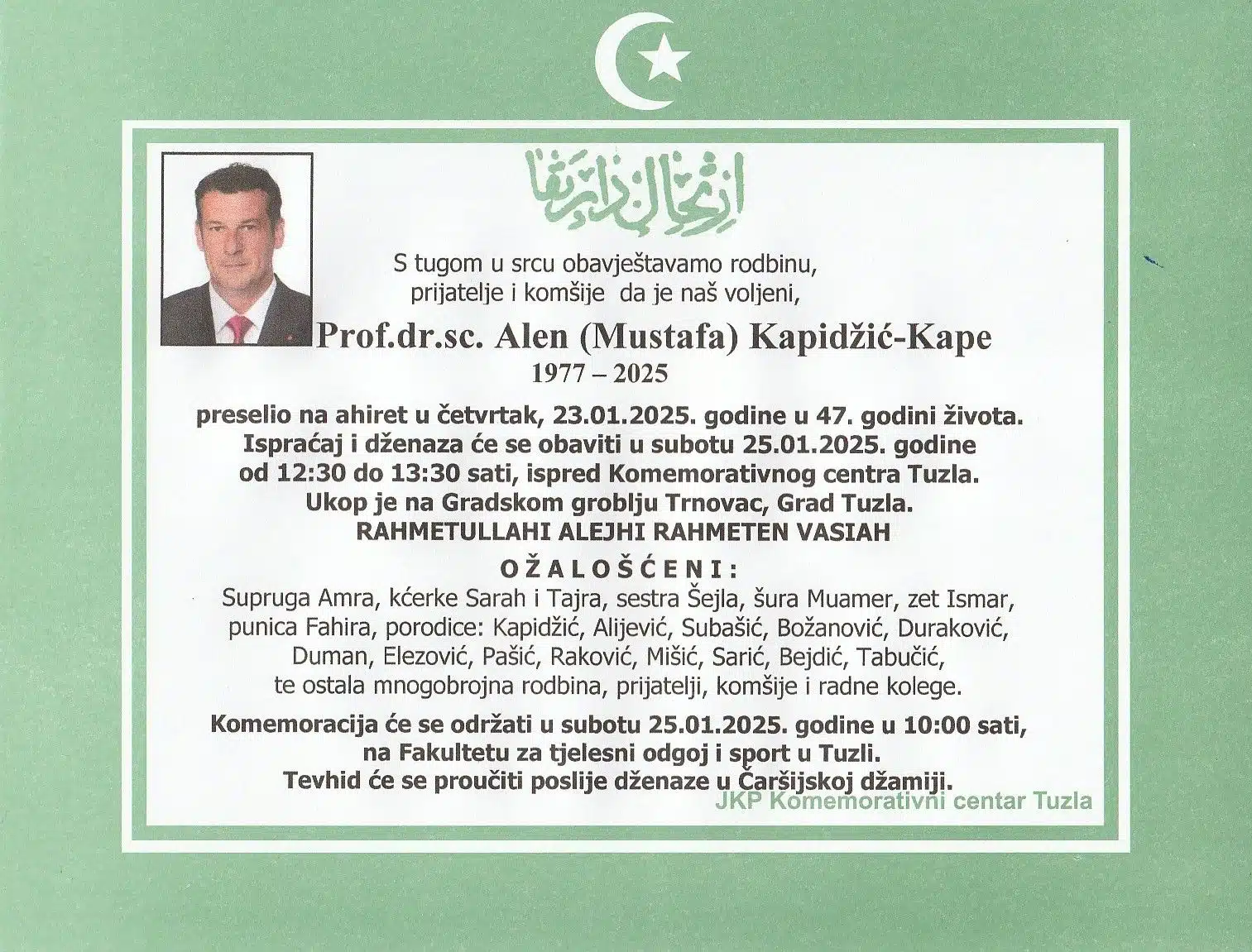 Preminuo je Alen Kapidžić Kape, komemoracija u subotu u Tuzli