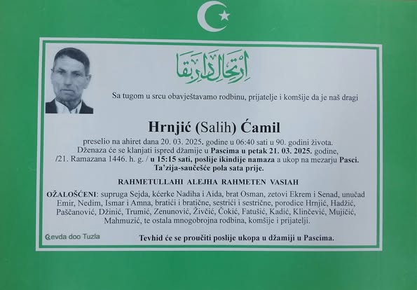 Preminuo je Hrnjić Ćamil Preminuo je Hrnjić Ćamil