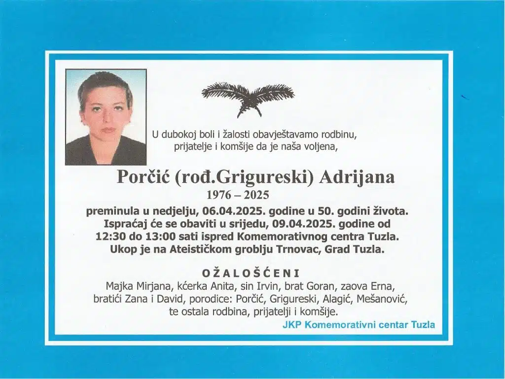Preminula je Porčić Adrijana Preminula je Porčić Adrijana